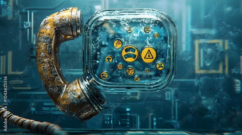 Poster a crystal clear phone receiver with various warning symbols and safety icons floating inside it