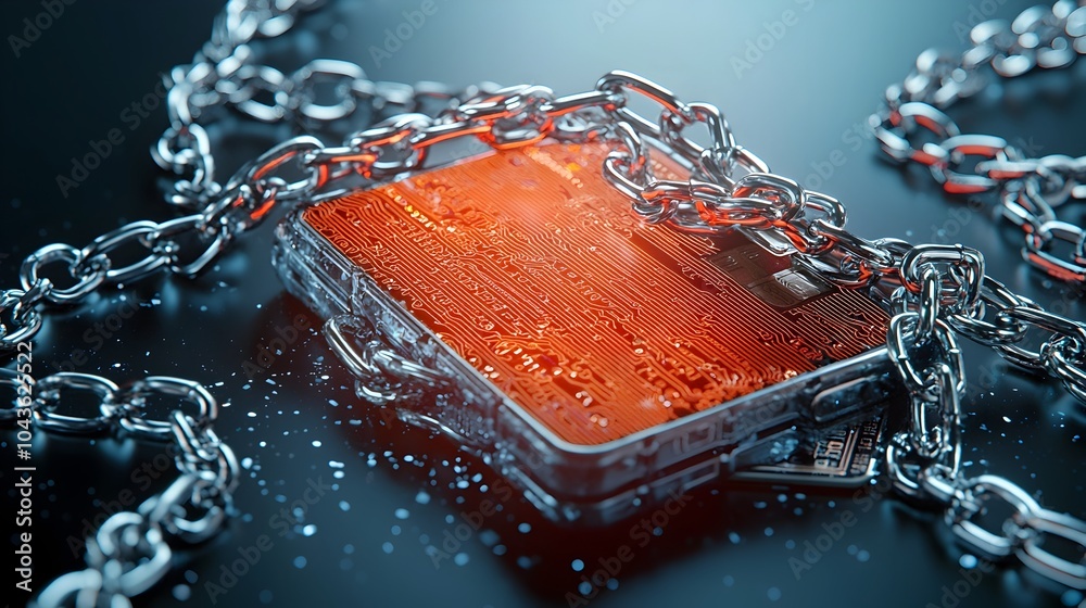 Poster A digital depicting a holographic call notification transforming into a series of chains that trap and restrain a floating wallet representing the digital security and financial transactions
