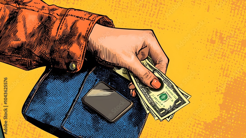 Poster a hand emerging from a call icon symbol reaches into a purse or wallet then pulls out cash currency 