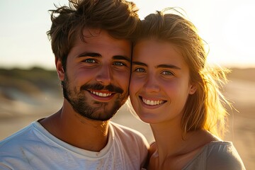 A joyful couple happily poses together for the camera on the beach