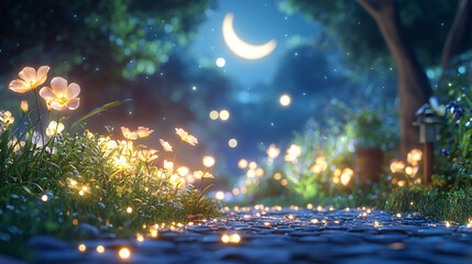 Obraz premium serene garden path illuminated by glowing flowers under moonlit sky