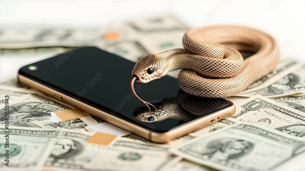 Poster a smartphone with a snake slithering out of the speaker wrapping around dollar bills representing th