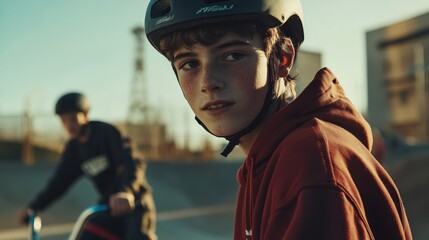 Obraz premium portrait of a young man looking at the camera wearing a bicycle helmet and riding the bike in a park
