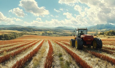 Fototapeta premium Farmer driving a tractor through rows of crops, vibrant rural landscape, 3D illustration