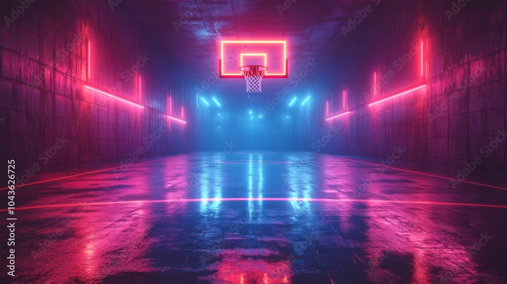 Poster a vibrant basketball court is illuminated by neon lights in various colors, creating a striking atmo