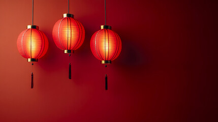 Fototapeta premium Chinese style red background with lanterns hanging on the wall 