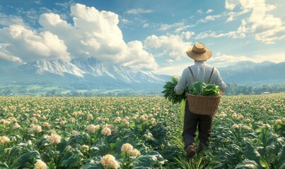 Fototapeta premium Farmer holding a basket of freshly harvested vegetables, standing in a lush field, 3D illustration