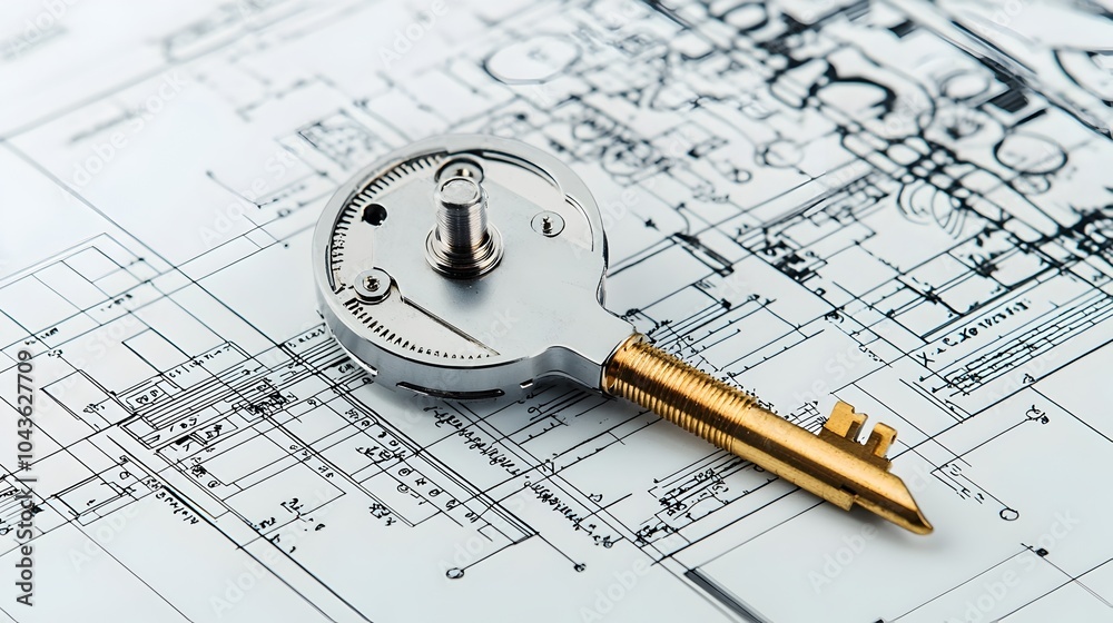 Poster close up shot of a precise metallic mechanical x ray key resting on top of a manual showcasing the t