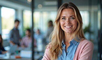 Obraz premium Smiling Businesswoman in Office Environment with Colleagues