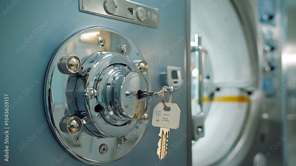 Aufkleber Close up view of a high security lock system with a labeled key attached on the entrance to a radiology room