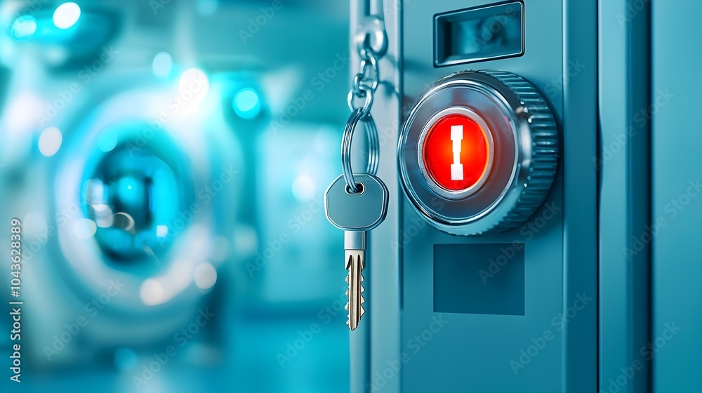 Poster Close up view of an X ray machine power switch with a dangling key attached to a keychain highlighting the importance of security and access control in healthcare and industrial settings