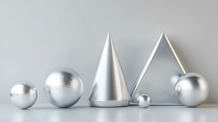A Tranquil Minimalist Display of Geometric Silver Shapes Against a Subtle Silver Background