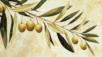 Olive Branch Illustration with Leaves and Clusters of Olives