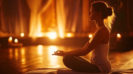 Woman in Restorative Yoga Pose with Props for Deep Muscle Recovery in Warm Spa like Environment