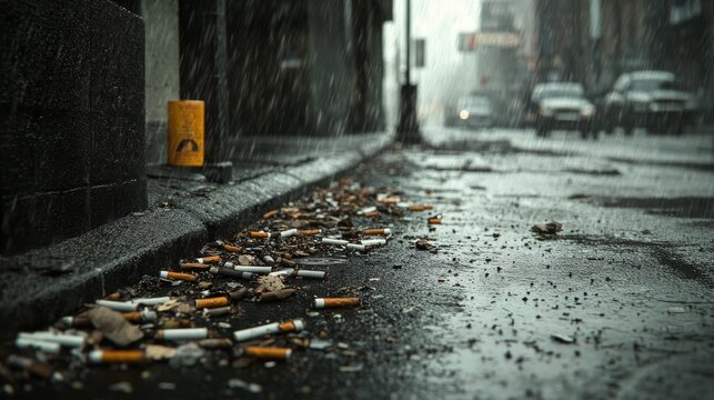 Cigarette butts and trash washed into the gutter during heavy rain on a city street