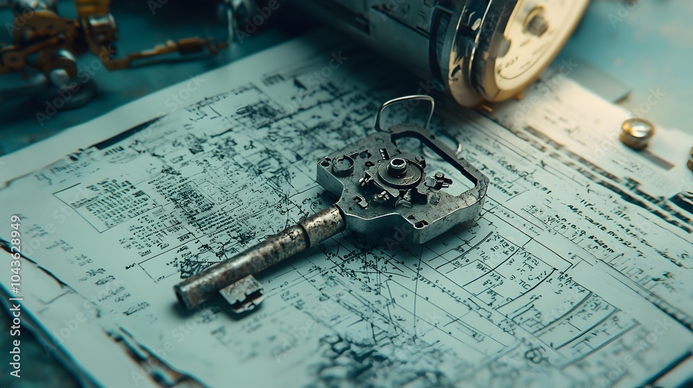 Leinwandbilder closeup shot of a meticulously crafted mechanical x ray key resting atop a technical manual showcasi