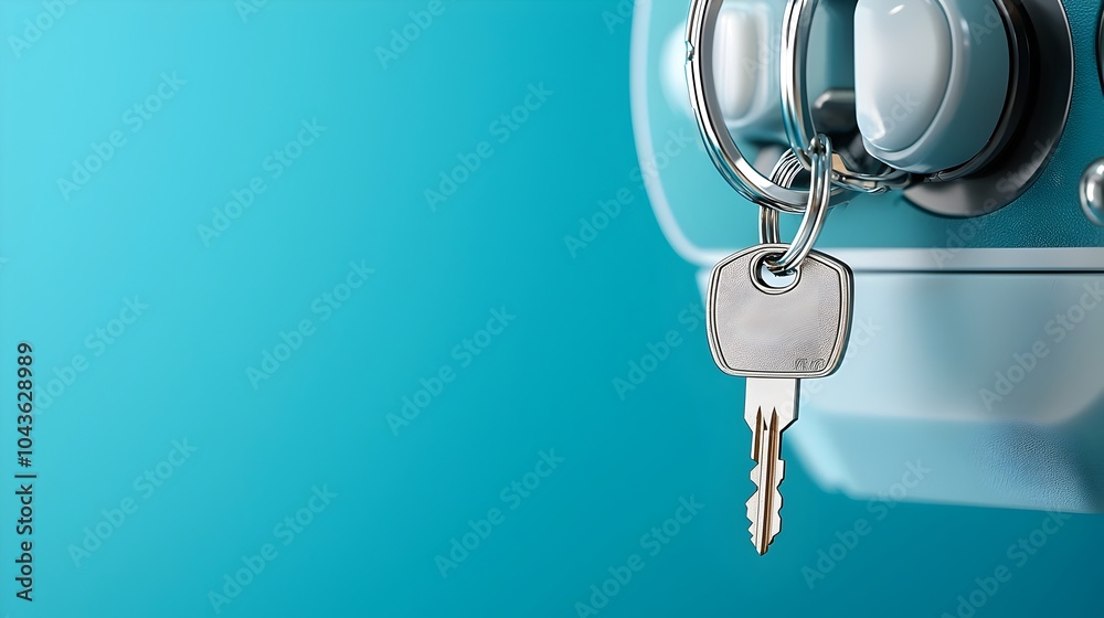 Aufkleber closeup of an x ray machine power switch with a dangling metal key on a keychain representing health