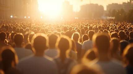 A vibrant crowd enjoys a music festival at sunset, a stage in the background.
