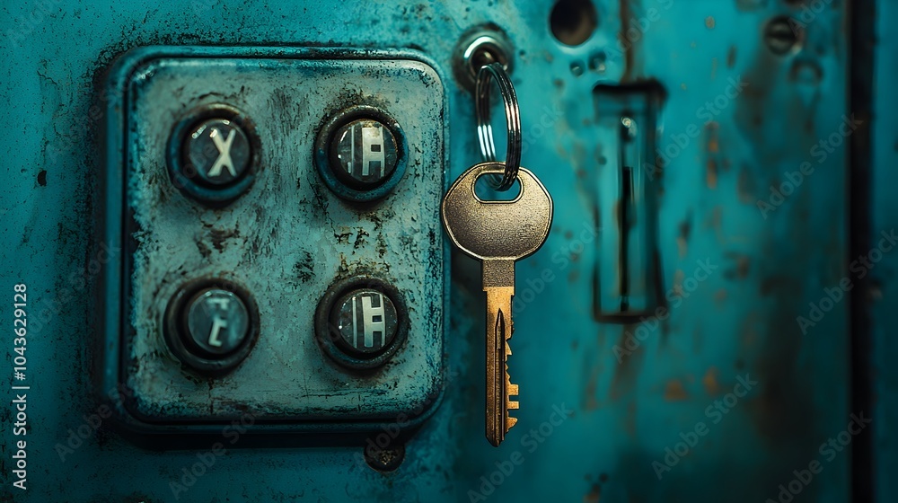 Poster Closeup view of a power switch with a dangling key on a keychain mounted on the surface of an X ray machine