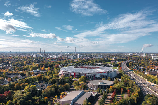 Leverkusen, North Rhine-Westphalia, Germany - October, 2022: Aerial autumn view of BayArena, home stadium of Bundesliga football club Bayer 04