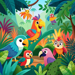 A vibrant illustration featuring a group of colorful parrots in a lush tropical rainforest. Perfect for children's books, educational materials, or any project needing a touch of tropical charm.