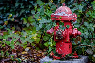 Fototapeta premium Red fire hydrant with peeling paint surrounded by green leaves and plants. Outdoor scene.
