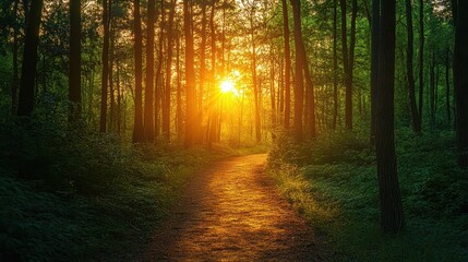 Obraz premium The lambent glow of a sunset filtering through the trees, softly illuminating a detailed forest path.