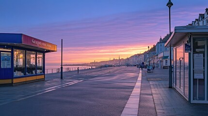 Fototapeta premium A serene seaside promenade at dawn, showcasing colorful buildings and a tranquil atmosphere.