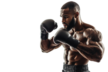 A man in a boxing ring with his hands in the air. on transparent background.