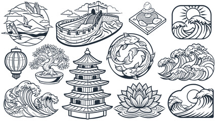 Asian culture set, landmarks, art and motifs capturing heritage and aesthetics. China symbols and Japan culture collection of elements for traditional designs.