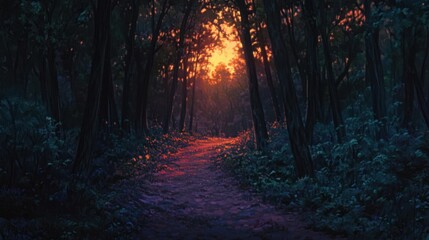 Obraz premium The lambent glow of a sunset filtering through the trees, softly illuminating a detailed forest path.