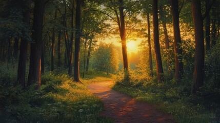 Obraz premium The lambent glow of a sunset filtering through the trees, softly illuminating a detailed forest path.