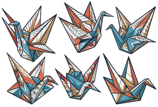 Asian culture set of elements. Collection with traditional symbols of asia. Origami cranes, a symbol of japanese culture and tradition