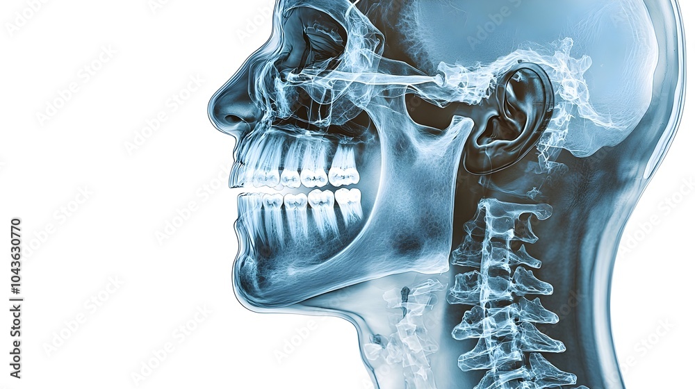 Poster Detailed side profile view of a human head with an overlaid digital x ray visualization showing the internal skeletal structure of the teeth and jawbone