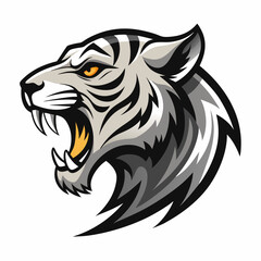 A fierce and powerful white tiger head, roaring with its mouth wide open, showcasing its sharp teeth and intense gaze.