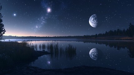 Serene Moonlit Planet Reflected on Calm Lake with Distant Galaxies