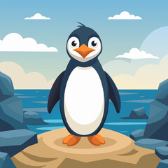 A cute cartoon penguin standing on a rock by the sea, perfect for children's books, educational materials, or any project that needs a touch of adorable wildlife.