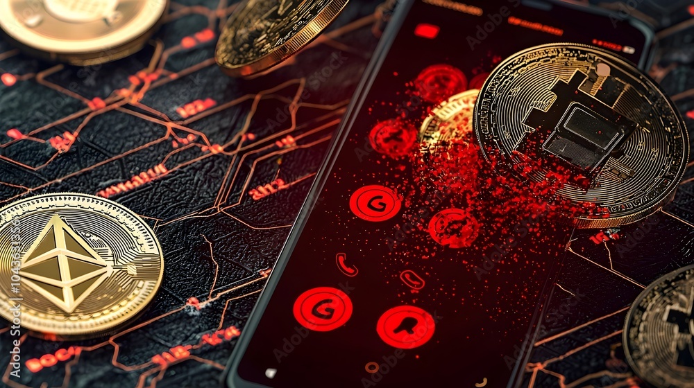 Aufkleber digital artwork depicting gold coins dissolving into red scam call notifications displayed on a smar
