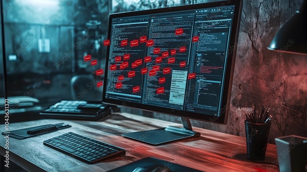 Poster Digital computer screen displaying multiple red warning signs and alerts about the spreading of cyber threats malware and phishing attacks across open application tabs