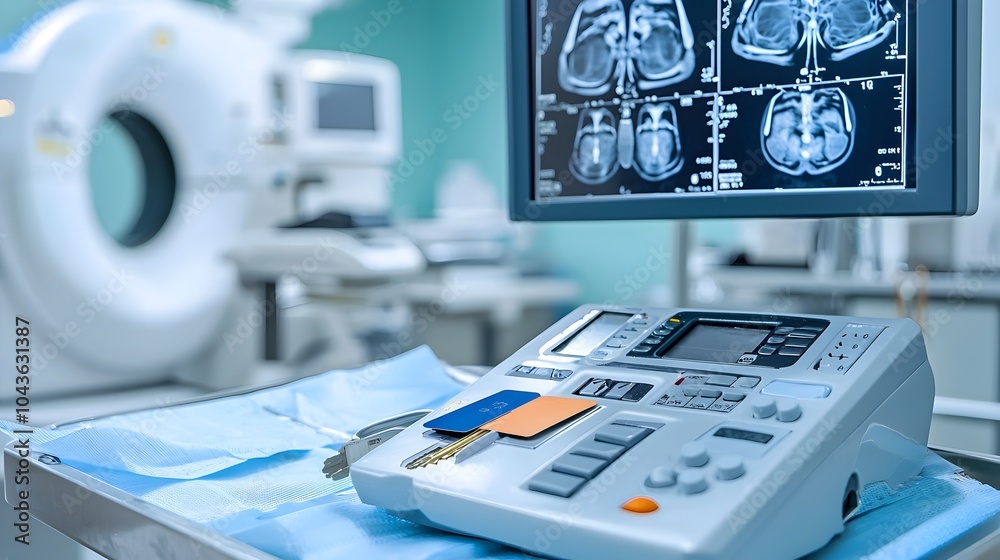 Aufkleber Digital access key and ID card securely stored on a clean minimalist tray near a radiology station representing technology security and efficient organization in a modern healthcare workspace