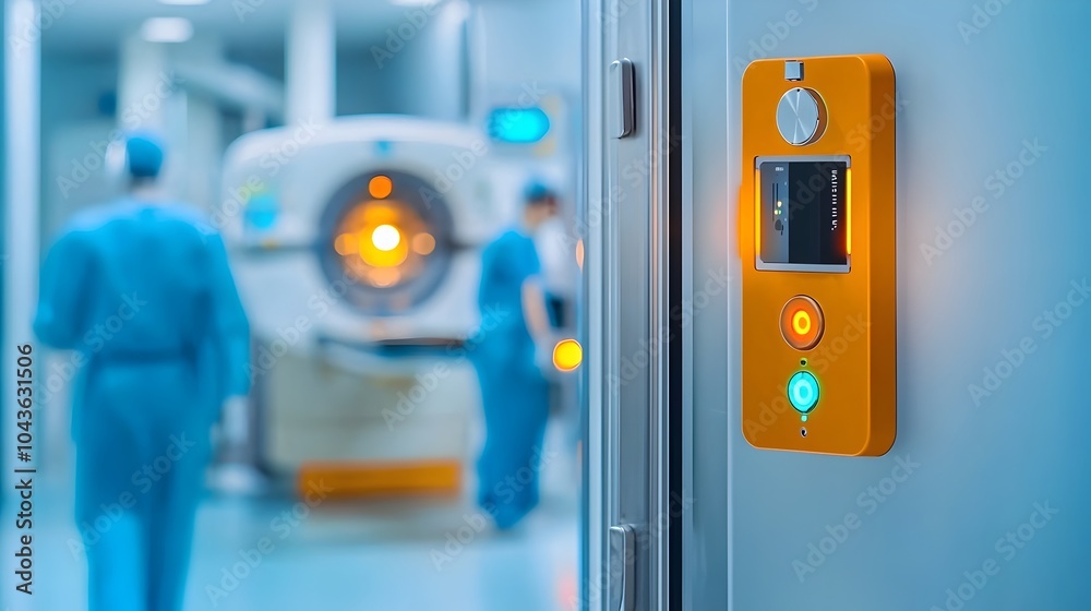 Poster Digital Keycard Reader System Controlling Entry and Exit to an X Ray Medical Facility Room with Indicator Lights for Access Authorization and Security