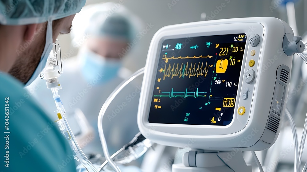 Poster digital medical monitor screen displaying vital patient data including heart rate oxygen levels and 