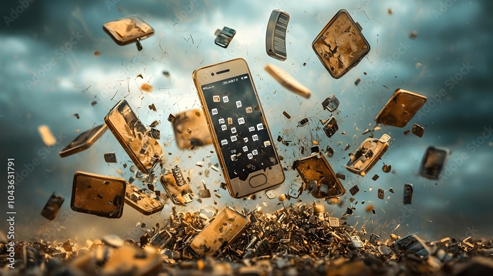 Poster Digital Security Disruption Broken Locks Floating in a Cloud of Scam Messages from a Smartphone App Symbolizing the Vulnerability and Risks of Cyber Crimes and Online Fraud