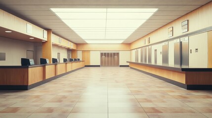 A spacious, modern interior of a bank with service counters and elevators.