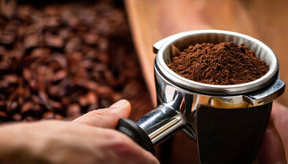 A close-up of a hand holding a metal portafilter cup filled with finely ground coffee.