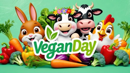 Naklejka premium Cute cartoon animals and vegetables in a fun, colorful Vegan Day logo.