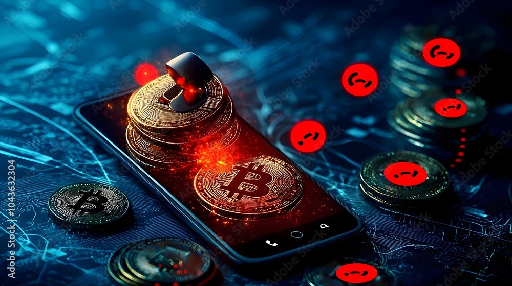 Aufkleber dissolving gold coins transforming into red scam call notifications on a smartphone screen symbolizi