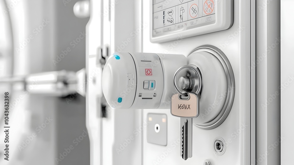 Aufkleber Emergency shutoff switch designed for X ray medical equipment with a labeled key inserted to enable safe and secure power control
