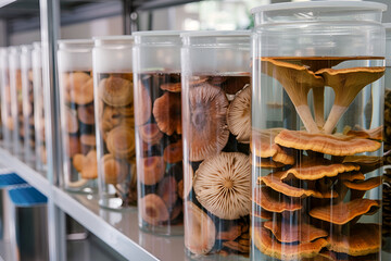 Ganoderma lucidum, or Reishi mushrooms, growing in a medical lab, stored in glass containers. A close-up view of raw materials used for natural health supplements and Traditional Chinese Medicine