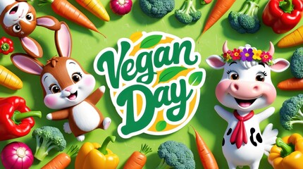 Naklejka premium Cute cartoon animals and vegetables in a fun, colorful Vegan Day logo.